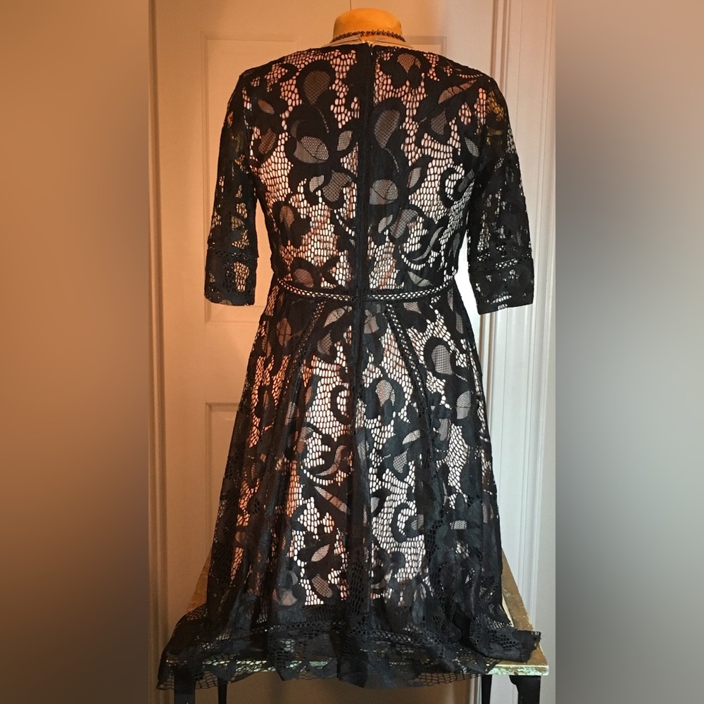 TAYLOR Black Lace Vneck short sleeve Fit and flare midi dress Pink lining SIze 6 - Picture 7 of 14